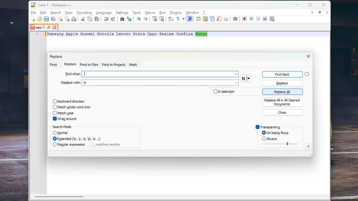 Replace a Character with a Newline in Notepad++