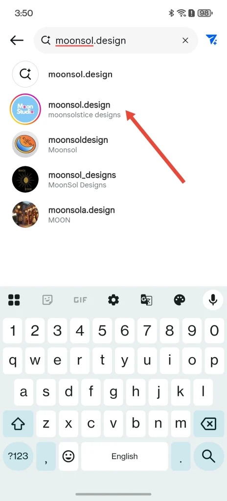 searching for profile on instagram