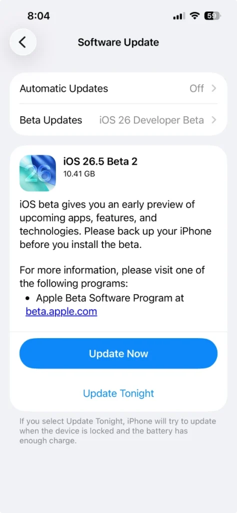 iOS 26.5 Beta 2 update